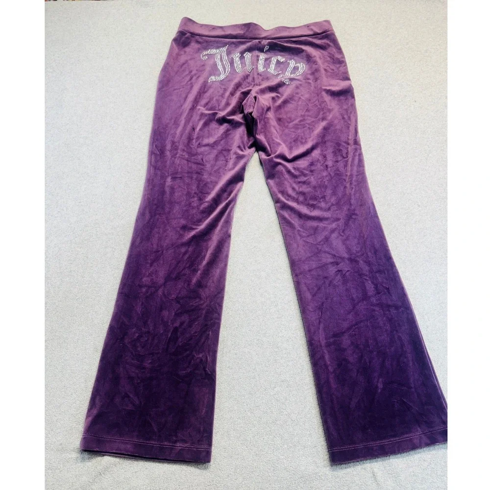 Juicy Couture Velour Pants Womens Large Purple Rhinestone Logo Y2K Flare Leg